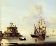 An English two-deker and a Dutch barge at anchor off a coastal fort